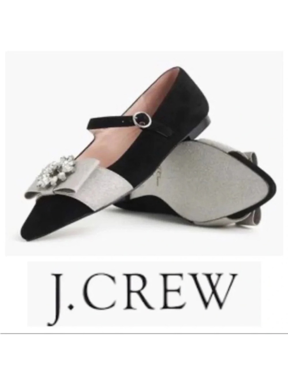 J. Crew Black and Silver Jeweled Mary Jane Flats size 8